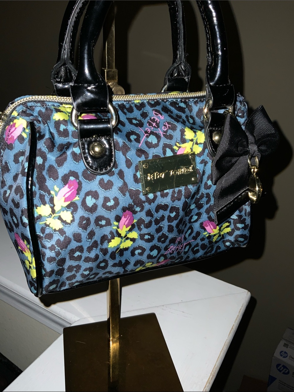 Betsey Johnson Blue Leopard Floral Satchel with Black Bow - Picture 3 of 3